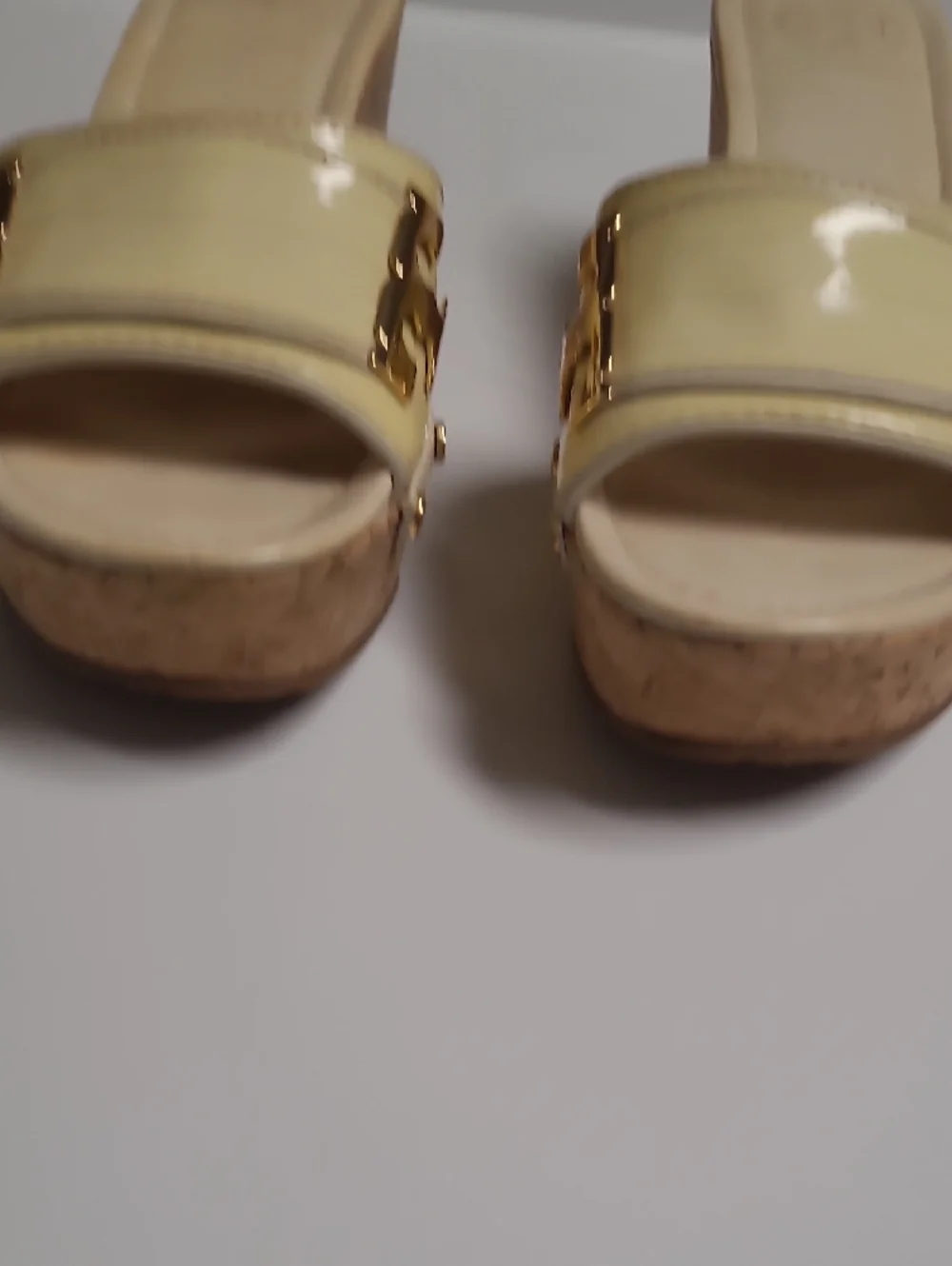 Tory Burch Pale Yellow Patent Slide Mules with Gold Hardware - Size 6.5
